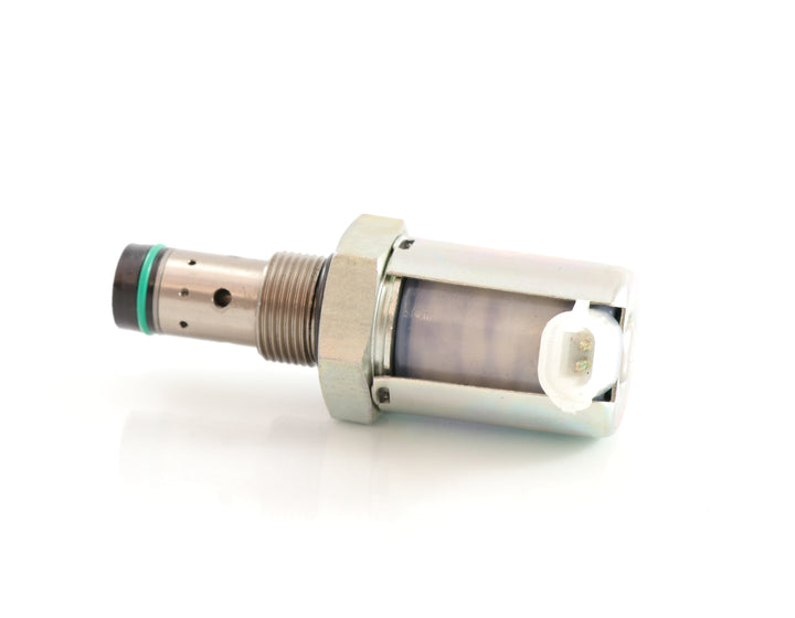 Advance Truck Parts USA 1846057C1 injection pressure regulator valve for International Navistar trucks showing a horizontal profile of the threaded metal body, green O-ring seal, hex fitting, and electrical connector