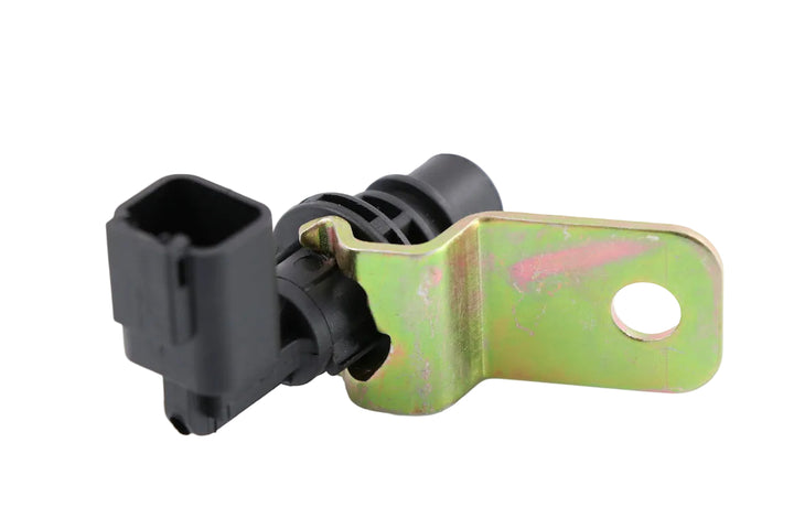 Advance Truck Parts 1918304 engine camshaft position sensor for Caterpillar C12 engines showing an angled view of the black sensor housing and metal mounting bracket on a plain white background