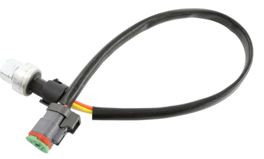 Advance Truck Parts USA 194-6725 replacement pressure sensor for Caterpillar engines showing an angled profile of the threaded metallic sensor body, connected black wire harness, and multi-pin electrical connector with a green seal on a plain white background