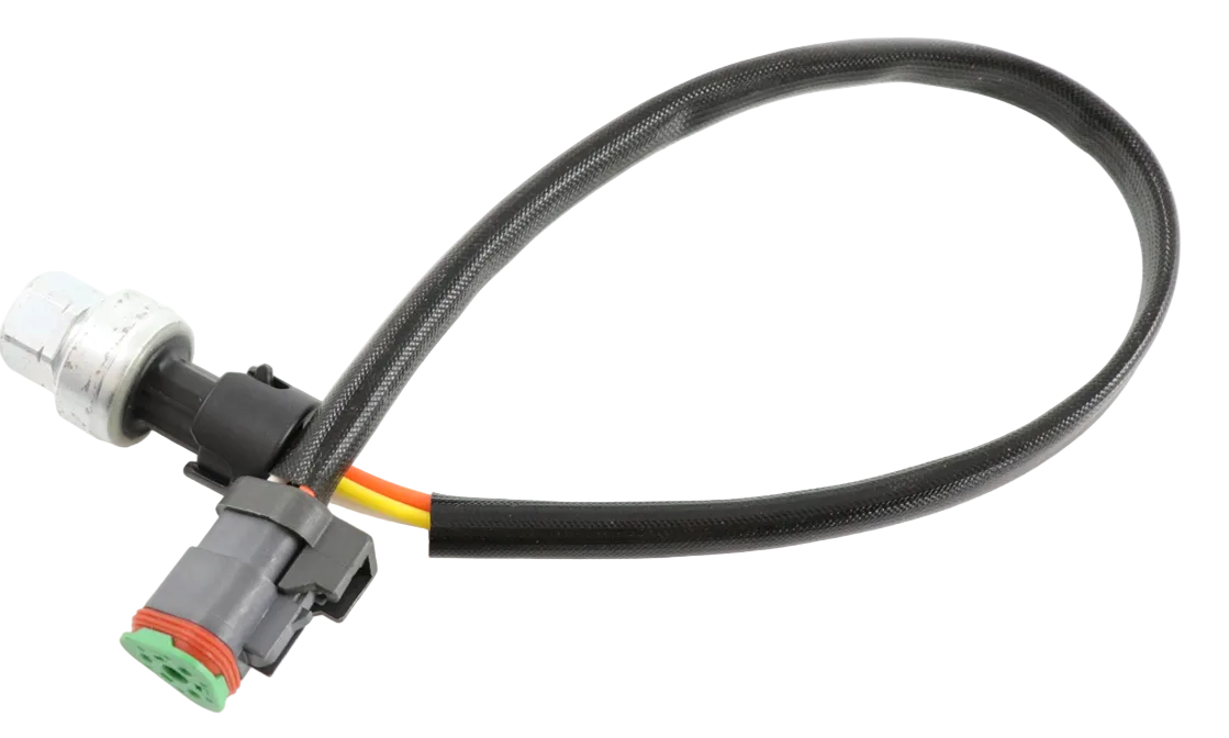 Advance Truck Parts USA 194-6725 replacement pressure sensor for Caterpillar engines showing an angled profile of the threaded metallic sensor body, connected black wire harness, and multi-pin electrical connector with a green seal on a plain white background