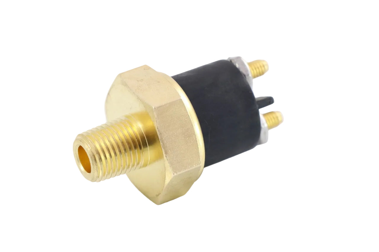 Advance Truck Parts USA 1MR3544P2 low pressure switch for Mack and Volvo trucks featuring a brass threaded port and dual stud connectors on a plain background