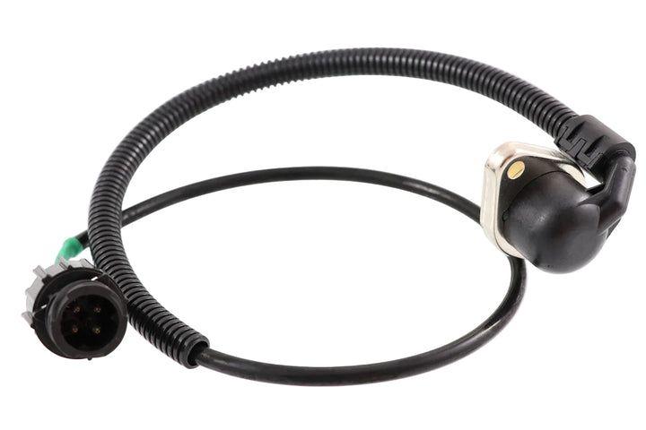 Advance Truck Parts USA 20700060 boost pressure and temperature sensor for Mack and Volvo showing an angled profile of the black sensor dome, metal mounting flange, long black wiring harness, and 4-pin round electrical connector on a plain white background