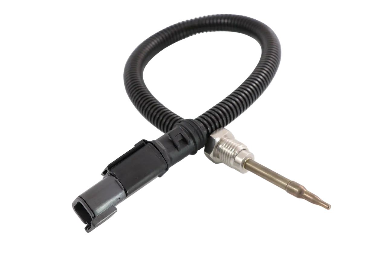Advance Truck Parts USA 21164790 exhaust gas temperature sensor featuring a threaded probe, protective wire loom, and 2-pin connector for Volvo and Mack trucks on a plain background