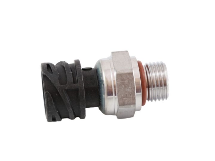 Advance Truck Parts USA 21302639 pressure sensor for Mack and Volvo trucks showing a horizontal profile of the metallic hex body, threaded port with an orange O-ring seal, and black connector housing on a plain white background