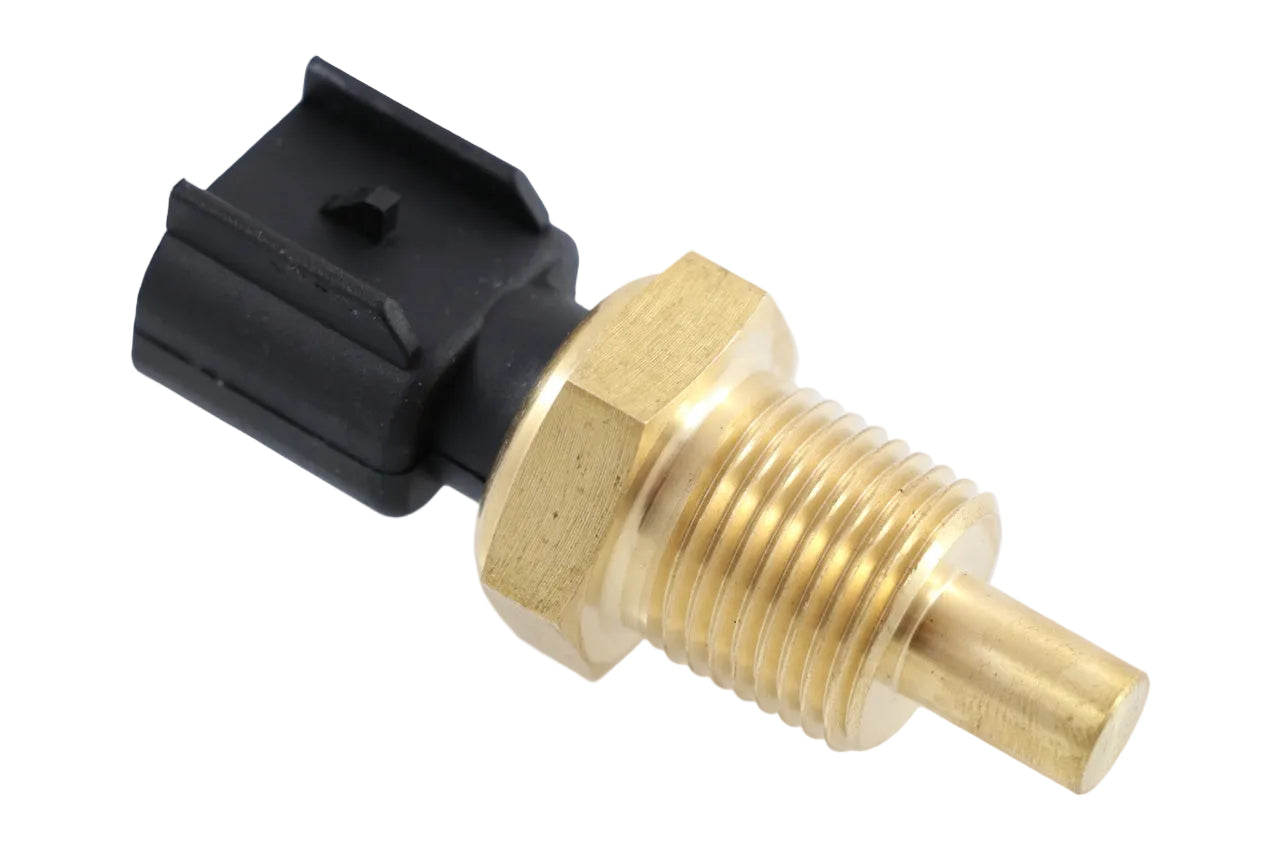 Advance Truck Parts USA 22-54800-000 temperature sensor for Freightliner showing an angled profile of the brass threaded body, probe, and black plastic electrical connector on a plain white background