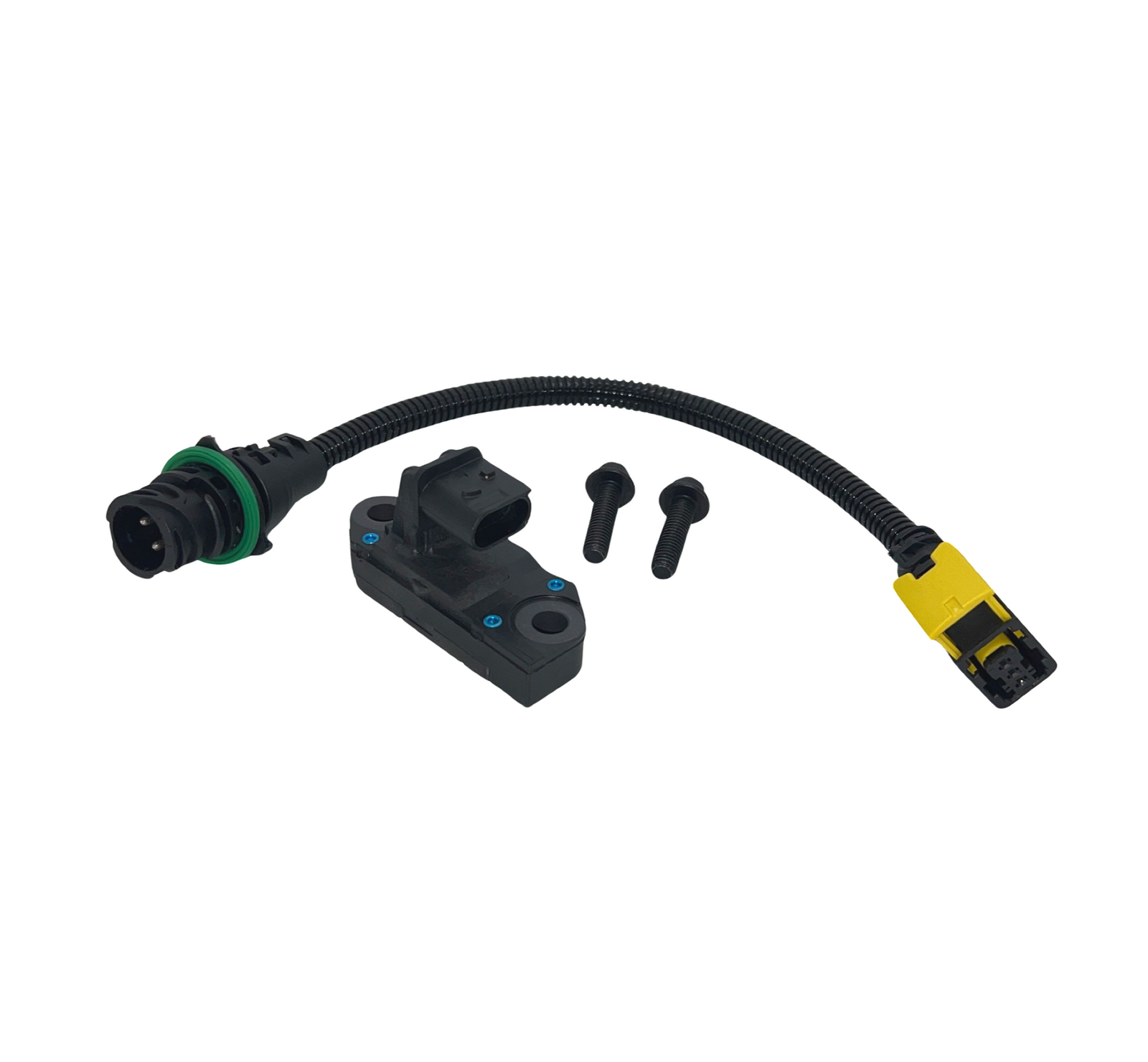 Advance Truck Parts 22181342 EGR differential pressure sensor kit for Mack and Volvo engines showing an overhead view of the sensor, wiring harness, and flange mounting screws on a plain white background