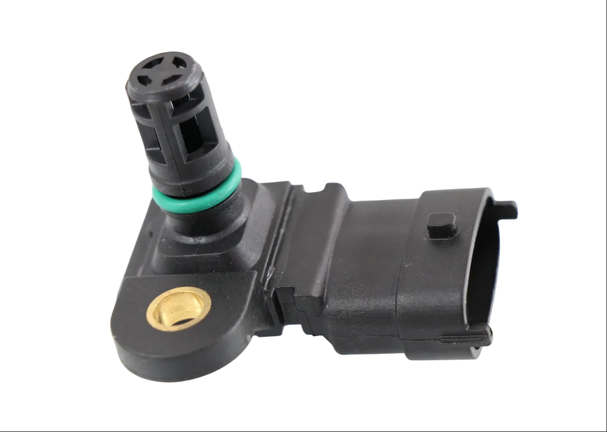 Advance Truck Parts USA 22422785 Volvo boost pressure sensor featuring a black housing, green O-ring, and mounting hole on a plain background