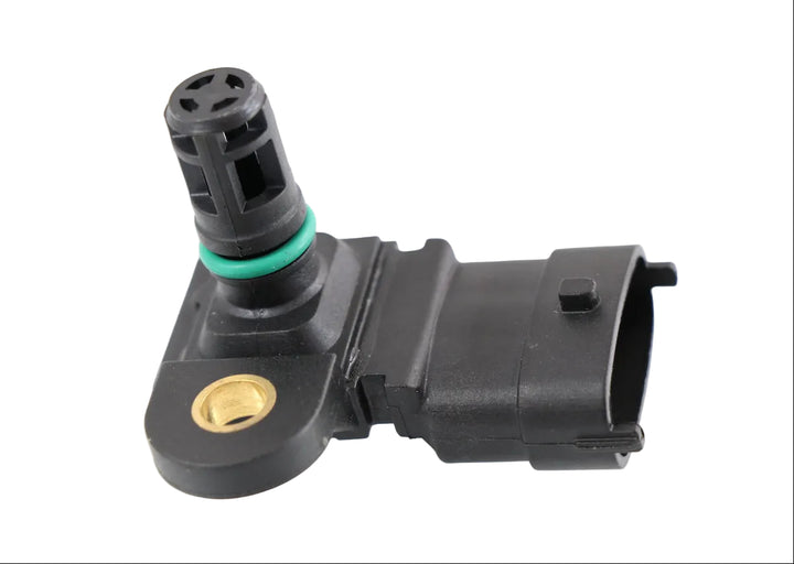 Advance Truck Parts USA 22422785 Volvo boost pressure sensor featuring a black housing, green O-ring, and mounting hole on a plain background