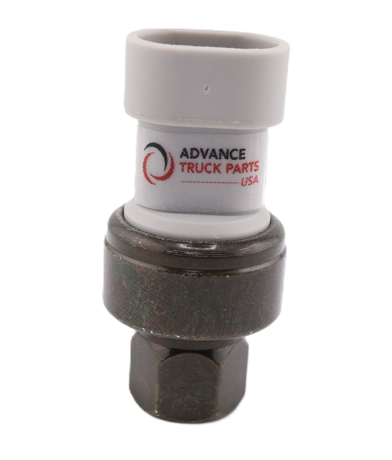 Advance Truck Parts USA 2251296000 high pressure A/C switch showing an upright front perspective with a grey 2-pin connector and Female M10 threaded base on a plain background