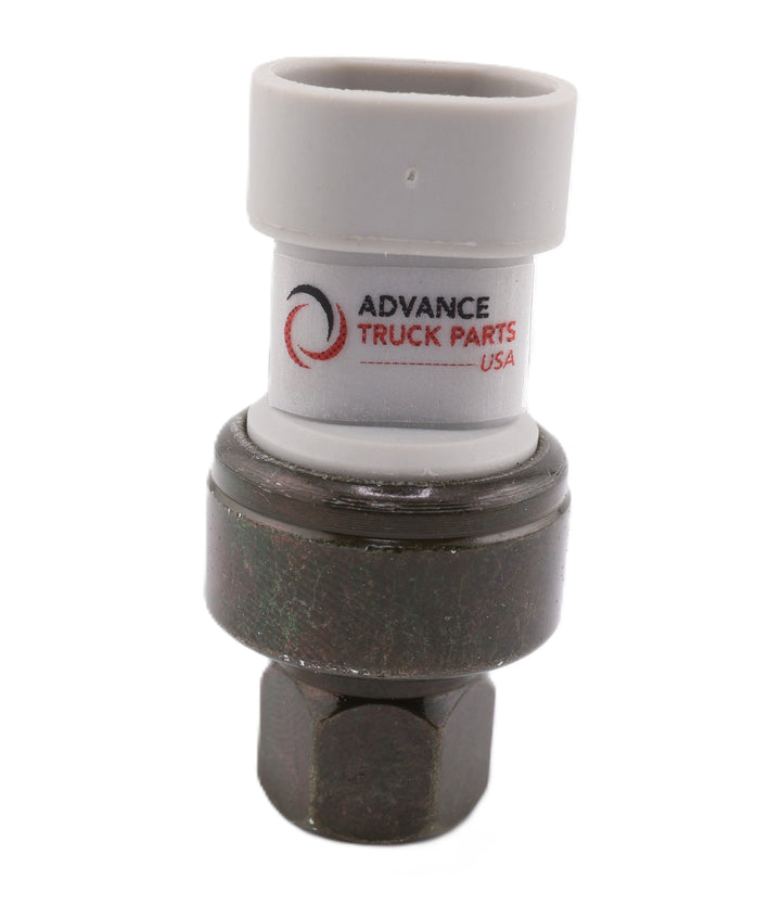 Advance Truck Parts USA 2251296000 high pressure A/C switch showing an upright front perspective with a grey 2-pin connector and Female M10 threaded base on a plain background