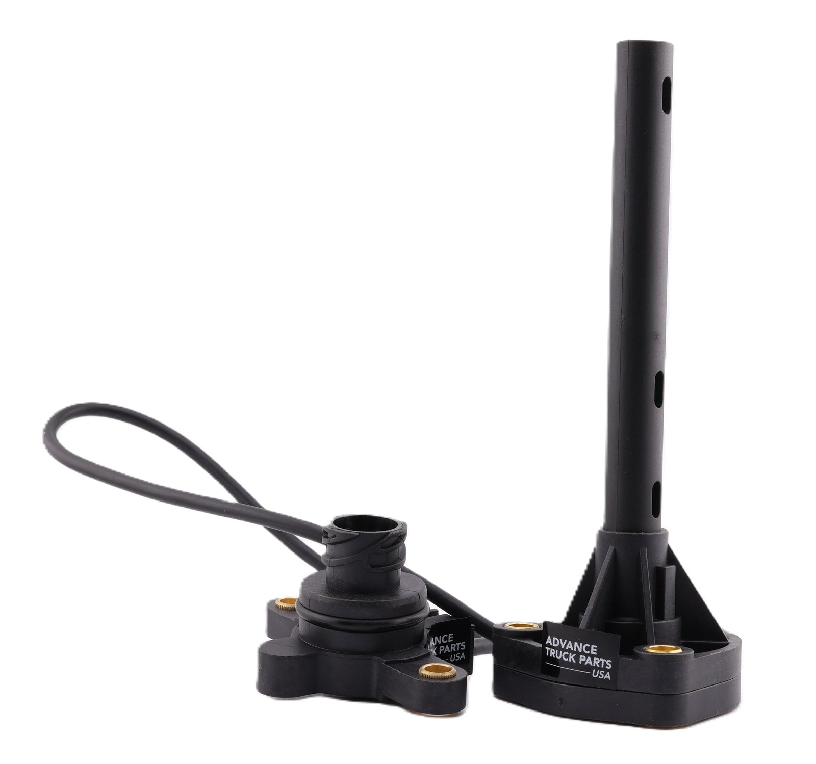 Advance Truck Parts USA 23285701 Volvo engine oil level sensor featuring a vertical probe, mounting flanges, and connecting wire harness on a plain background