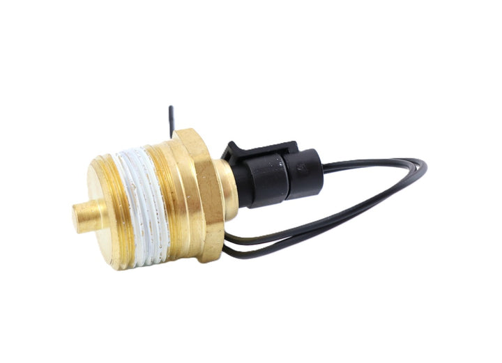 Advance Truck Parts USA 23514708 coolant temperature sensor for Detroit Diesel showing a horizontal profile of the brass threaded body with white sealant, sensing tip, and connected black electrical pigtail harness on a plain white background