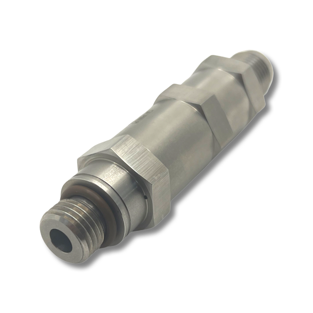 Advance Truck Parts USA 23516993 fuel check valve for Detroit Diesel Series 60 showing a detailed angled profile of the metallic body, hex fittings, and threaded ends on a plain white background
