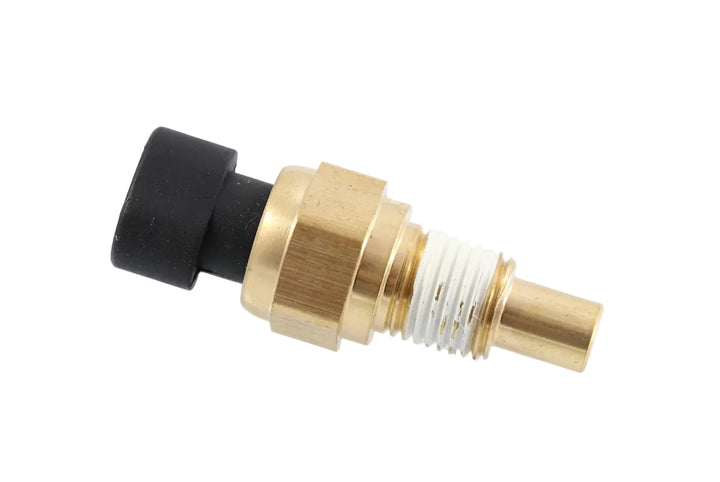 Advance Truck Parts USA 23518092 Detroit Diesel oil temperature sensor featuring a brass body, pre-applied thread sealant, and black connector housing on a plain background