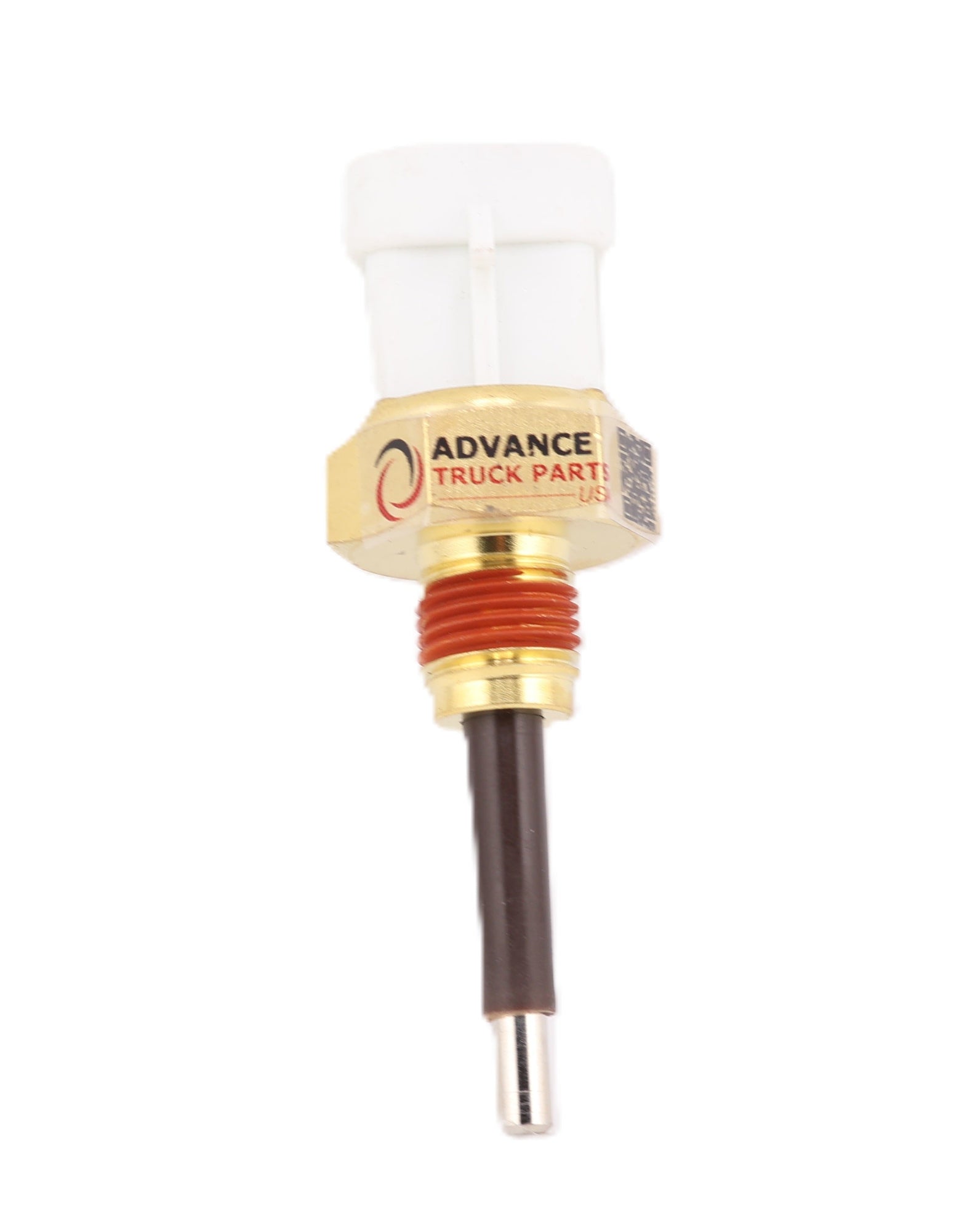 Advance Truck Parts USA 23526907 engine coolant level sensor showing an upright front perspective with a white 4-pin connector, brass threaded body, red o-ring, and long black probe on a plain background