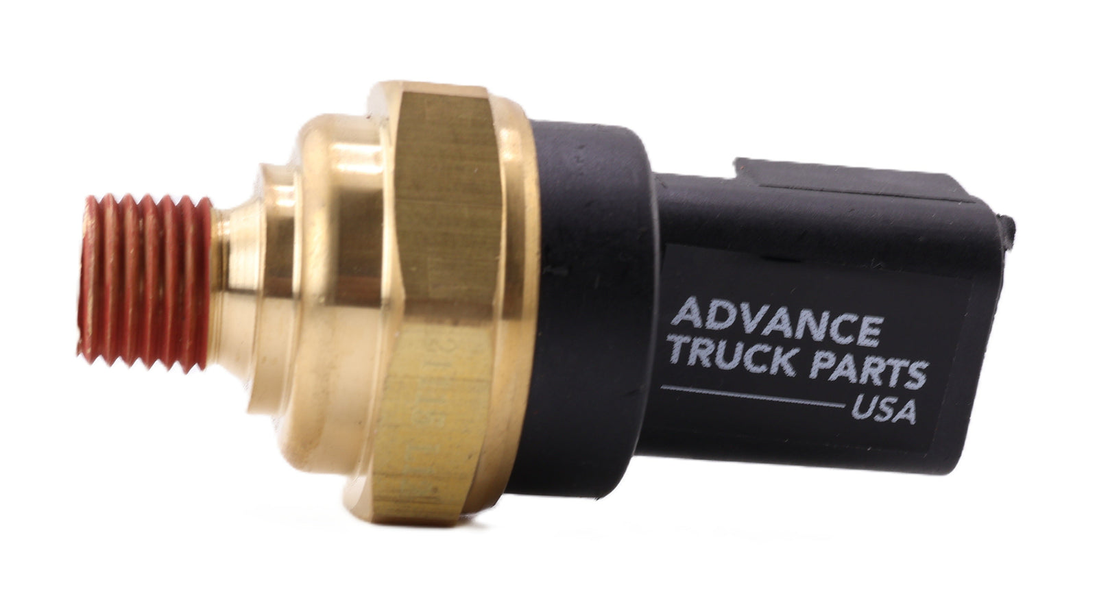 Advance Truck Parts USA 23527828 oil pressure sensor showing a horizontal side profile perspective with a black connector housing, brass body, and red threaded sealant on a plain background
