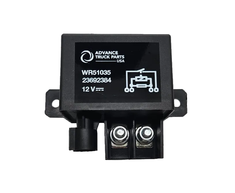 Advance Truck Parts USA 23692384 12V power relay featuring screw terminals, mounting flanges, and wiring schematic label on a plain background