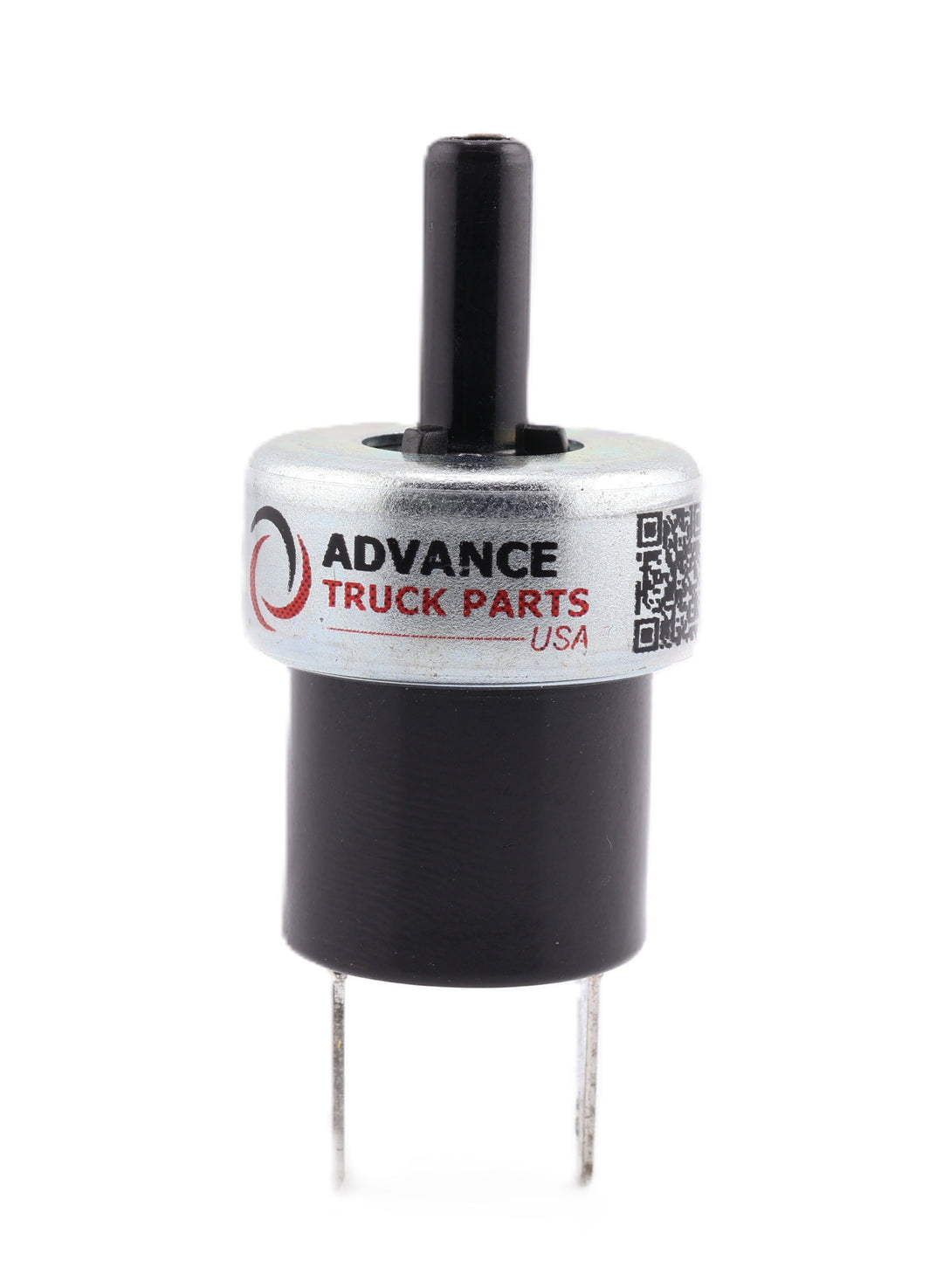 Advance Truck Parts USA 23721213 pressure switch showing an upright front perspective with a top 1/4 inch air line port, metal mid-section, black housing, and dual blade terminals on a plain background