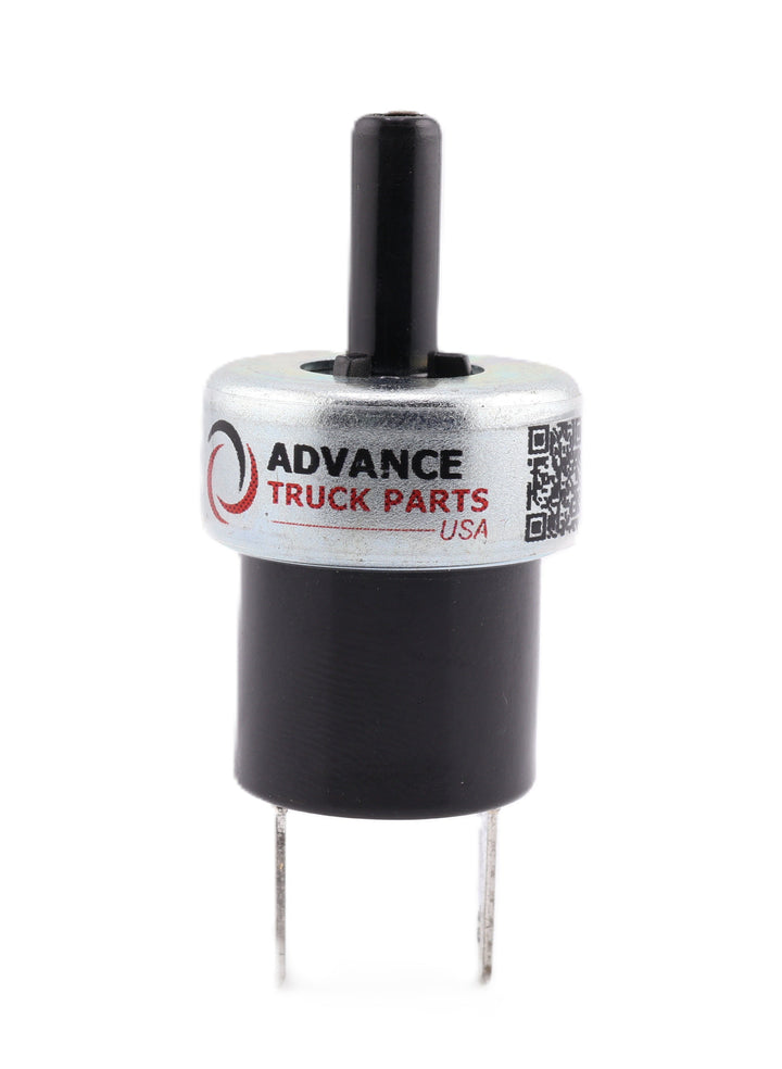 Advance Truck Parts USA 23721213 pressure switch showing an upright front perspective with a top 1/4 inch air line port, metal mid-section, black housing, and dual blade terminals on a plain background
