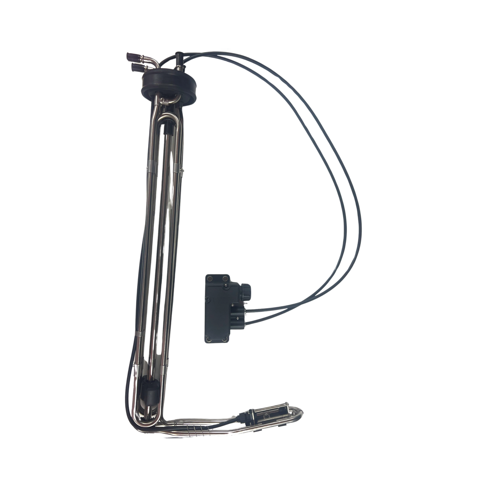 Advance Truck Parts USA 24383068 23539939 DEF tank level sensor showing a top-down perspective of the 72-inch silver metal tubing assembly, black mounting head, wiring harness, and rectangular black control module on a plain background