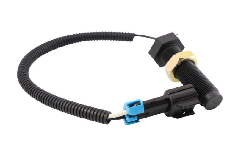 Advance Truck Parts USA 25166488 speed sensor for Mack trucks with Eaton transmission showing an angled profile of the black threaded sensor body, hex mounting nut, protective wire shroud, and Delphi Metric-Pack connector on a plain white background