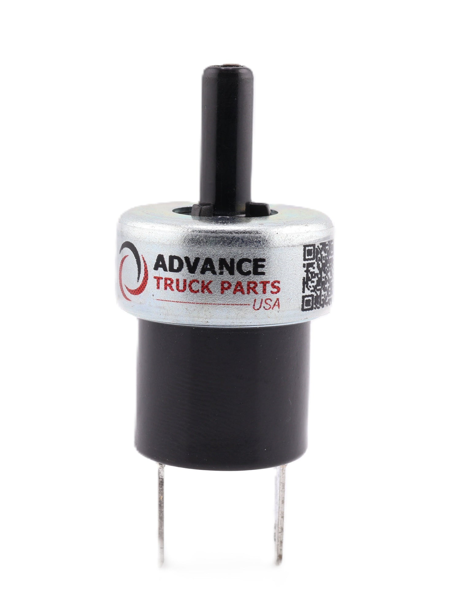 Advance Truck Parts USA 25171211 Mack truck pressure switch featuring a 1/4 in OD air line nipple and blade terminals on a branded studio background