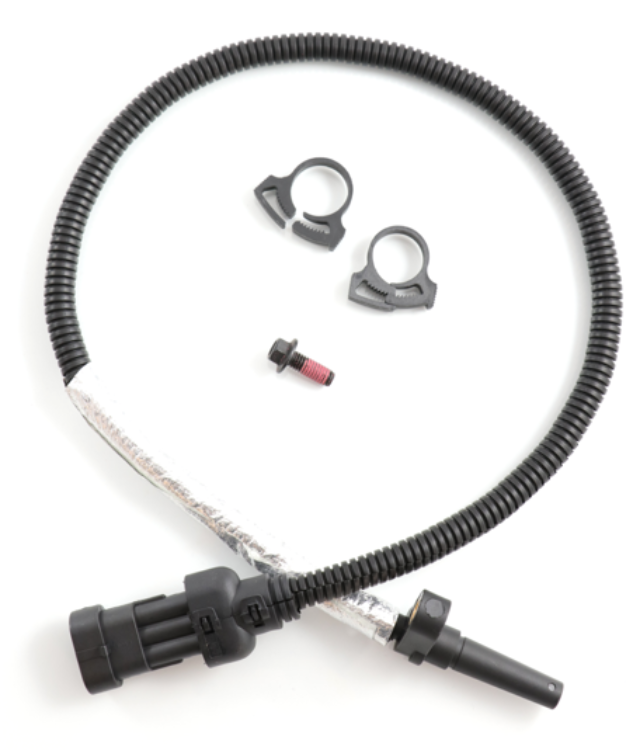 Advance Truck Parts USA 2839964 Cummins turbocharger speed sensor kit featuring a protected wiring harness, sensor probe, mounting screw, and retaining clips on a plain background