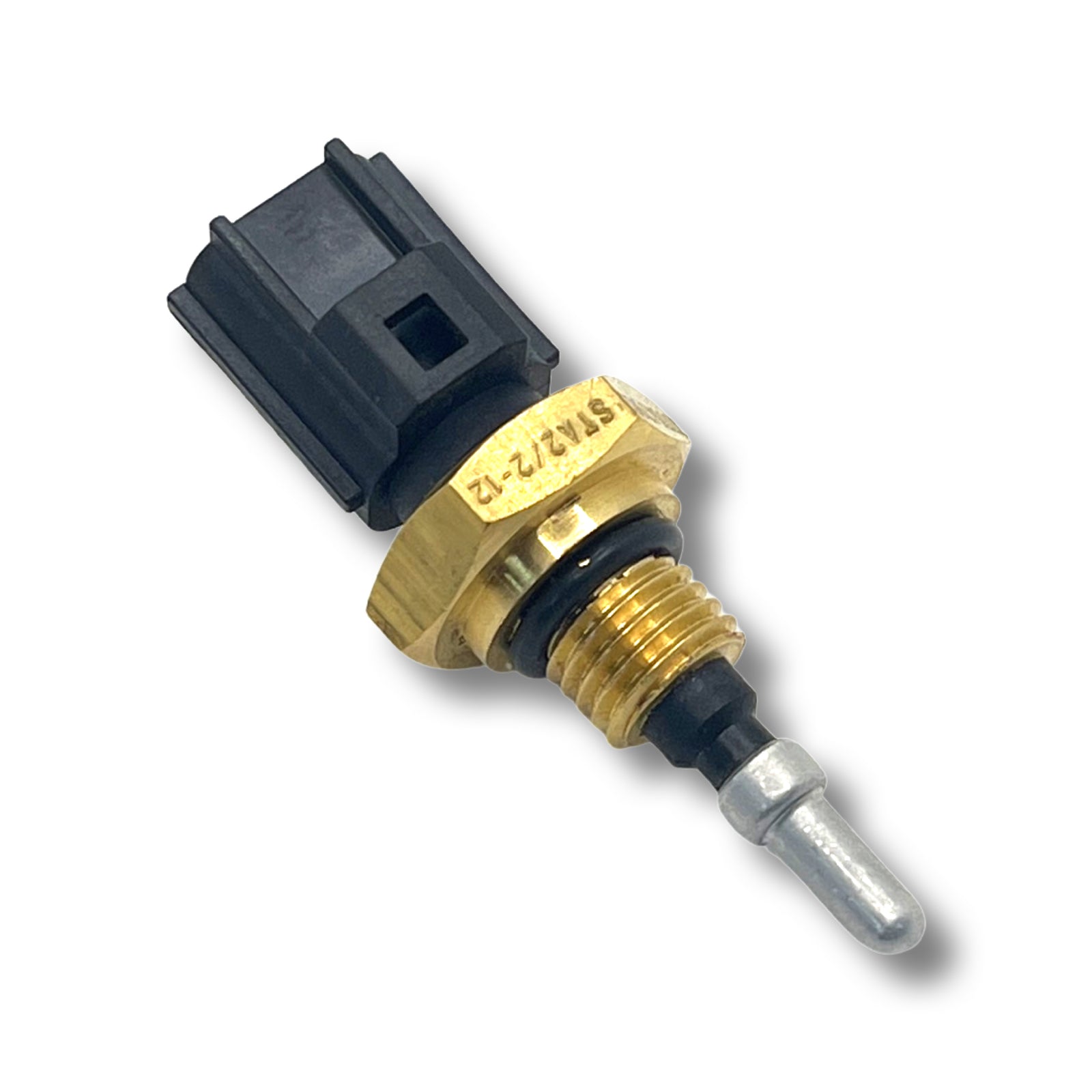 Advance Truck Parts 3006479C91 temperature sensor for International Navistar and Ford trucks showing an angled view of the threaded brass fitting, O-ring, and elongated metal probe tip on a plain white background