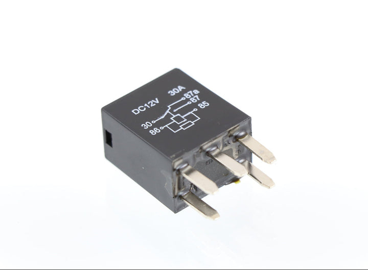 Advance Truck Parts USA 301-1C-C-R1-U01-12VDC sealed waterproof 5-pin heavy duty mini relay with top wiring schematic on a plain background