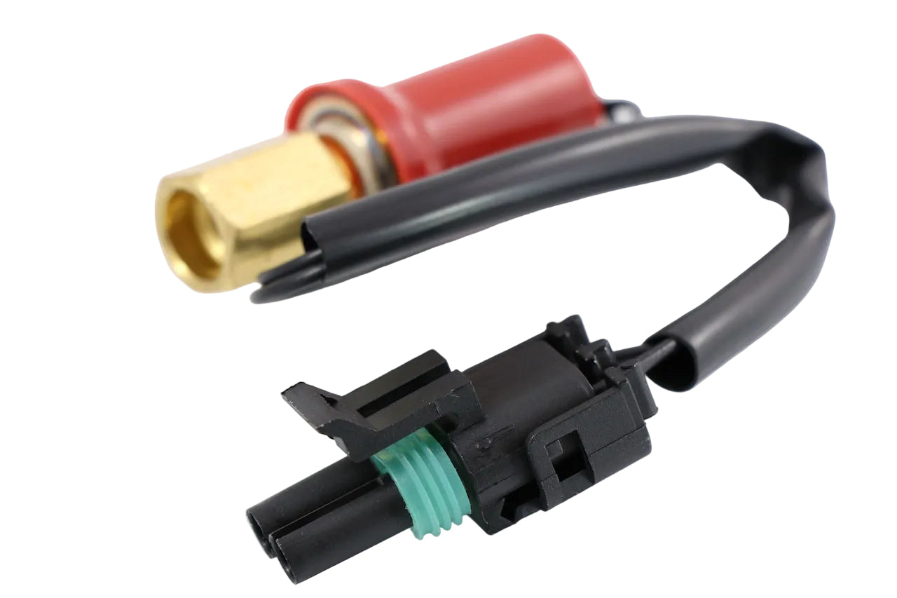 Advance Truck Parts USA 3521729C1 high-pressure A/C switch featuring brass housing, red protective boot, attached harness, and 2-pin connector on a plain background