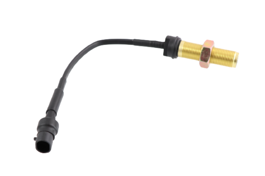 Advance Truck Parts USA 3528003C1 speed sensor for International Navistar showing a horizontal profile of the brass threaded housing, securing hex nut, flexible black cable, and 2-pin electrical connector 
