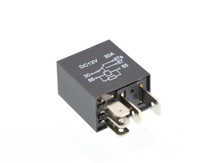 Advance Truck Parts USA heavy duty 5-pin 12V 30/20A relay with resistor and wiring diagram on a plain background