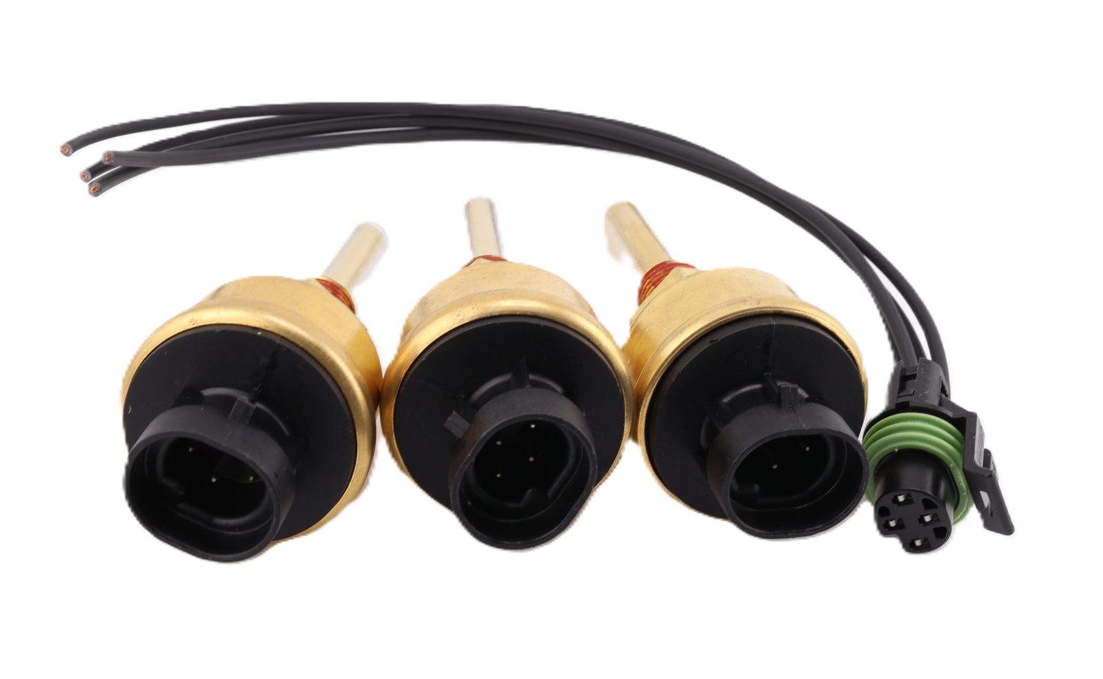 Advance Truck Parts USA 3612521 4903489 engine coolant level sensor 3-pack kit alongside a matching 4-pin pigtail harness connector on a plain background