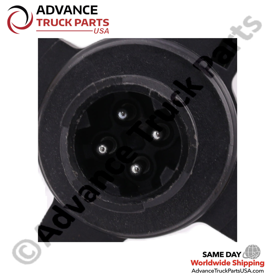 Advance Truck Parts USA branded studio close-up view highlighting the 4-pin electrical terminal connector of the Volvo oil level sensor