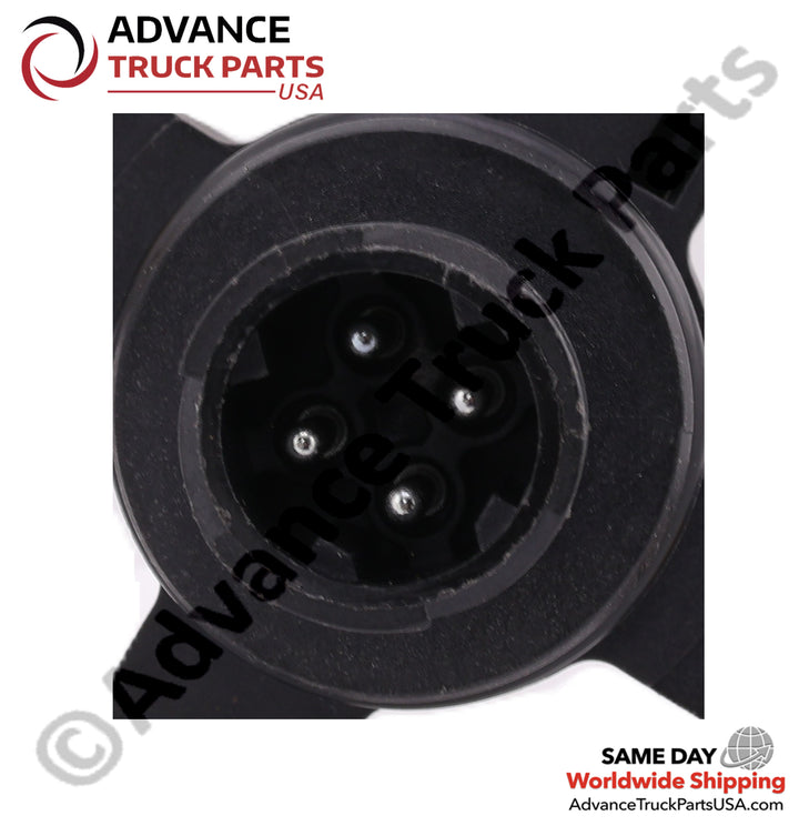 Advance Truck Parts USA branded studio close-up view highlighting the 4-pin electrical terminal connector of the Volvo oil level sensor