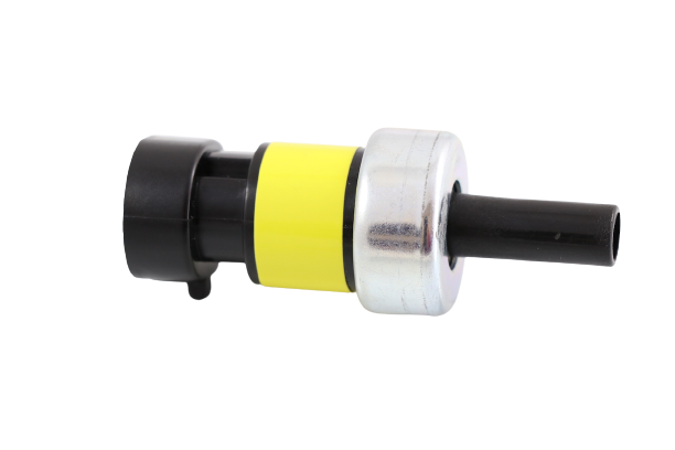 Advance Truck Parts USA 4200246C1 pressure switch for Navistar International trucks showing a horizontal profile of the black plastic connector, yellow label band, metallic housing ring, and extended port tube on a plain white background