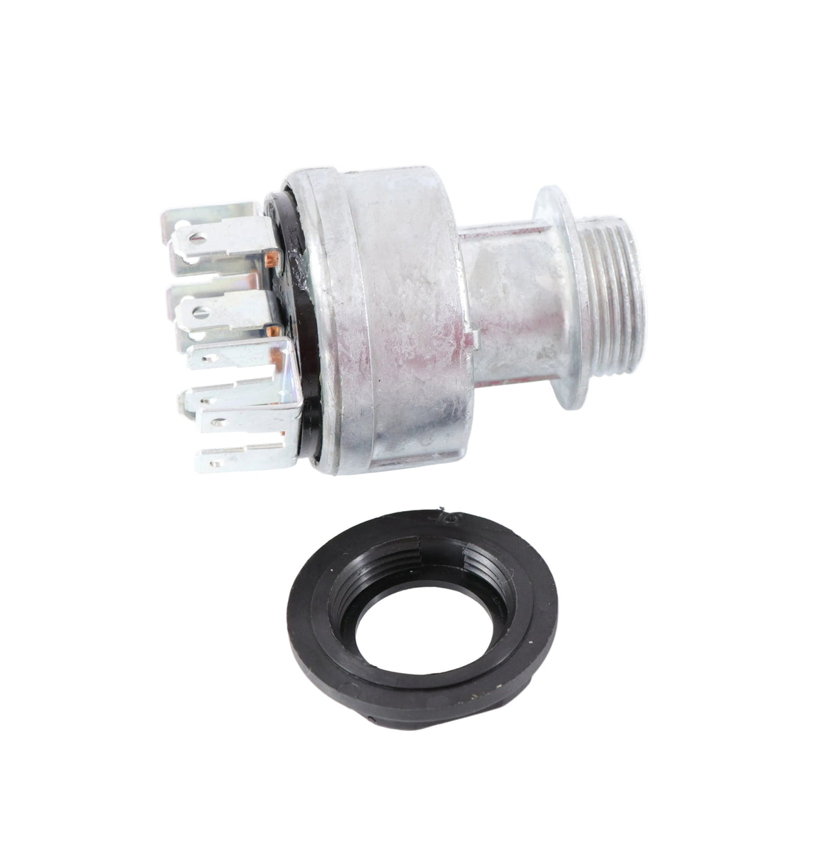 Advance Truck Parts USA 429047C1 heavy-duty ignition switch for International trucks showing a horizontal profile of the metallic housing, multiple terminal blades, and the accompanying black mounting nut 