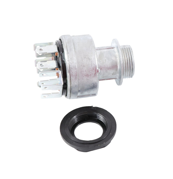 Advance Truck Parts USA 429047C1 heavy-duty ignition switch for International trucks showing a horizontal profile of the metallic housing, multiple terminal blades, and the accompanying black mounting nut 
