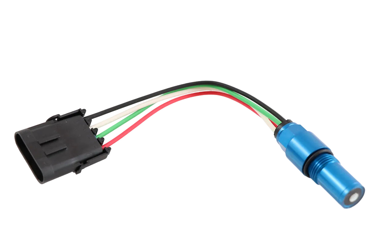 Advance Truck Parts USA 4326596 Cummins N14 cam position sensor featuring a blue metal body, black O-ring, lead wires, and connector on a plain background