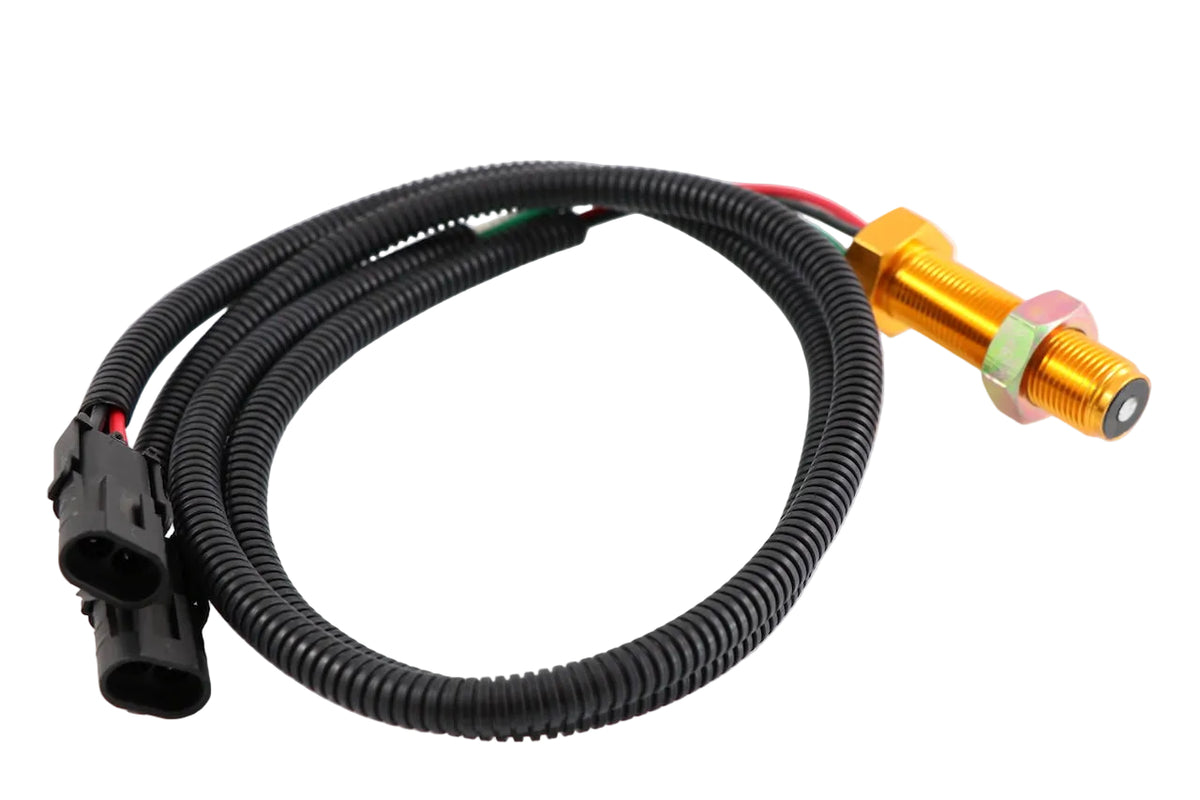 Advance Truck Parts USA 4327231 Cummins speed sensor featuring dual connectors, threaded brass body, and protected wiring harness