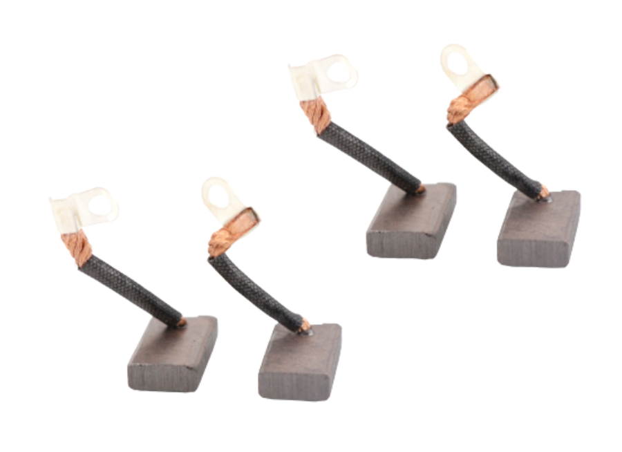 Advance Truck Parts USA 44-4000 12-volt golf cart starter generator brushes showing a complete set of four carbon blocks with black insulated copper wire leads and metal ring terminals on a plain white background