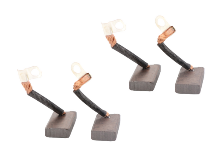 Advance Truck Parts USA 44-4000 12-volt golf cart starter generator brushes showing a complete set of four carbon blocks with black insulated copper wire leads and metal ring terminals on a plain white background
