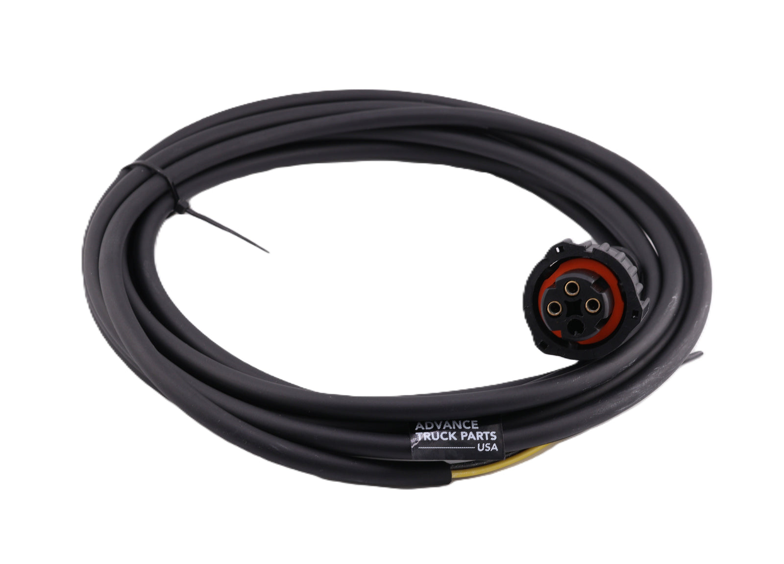 Advance Truck Parts USA 4494130400 4.0 meter ABS modulator valve connecting cable showing a neatly coiled thick black wire and a 3-pole 4-pin bayonet socket connector on a plain background