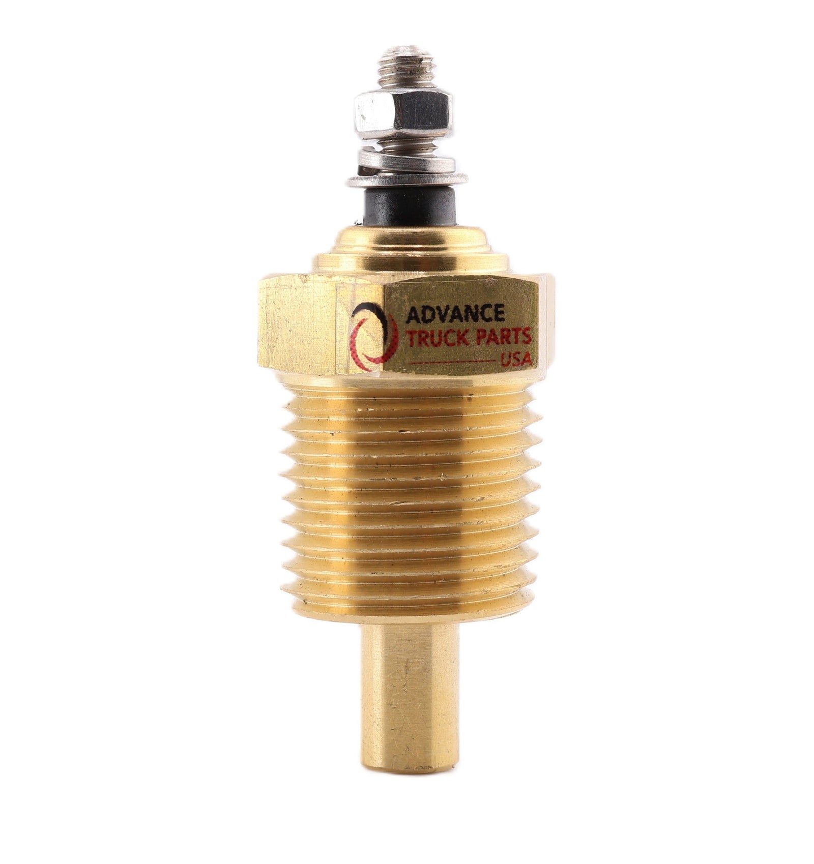 Advance Truck Parts USA 479758C1 temperature sender showing an upright front perspective with a brass threaded body, probe, and top terminal stud on a plain background