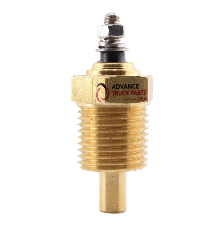 Advance Truck Parts USA 479758C1 temperature sender showing an upright front perspective with a brass threaded body, probe, and top terminal stud on a plain background