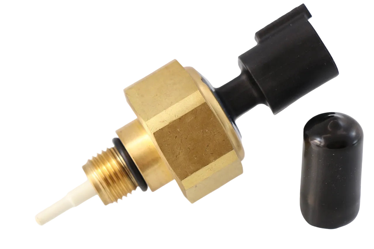Advance Truck Parts USA 4921477 Cummins dual temperature and pressure sensor with ceramic tip and protective cap on a plain background