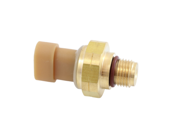 Advance Truck Parts USA 4921493 intake manifold pressure sensor for Cummins showing a horizontal profile of the brass hex body, threaded fitting with red O-ring, and tan 3-pin electrical connector on a plain white background