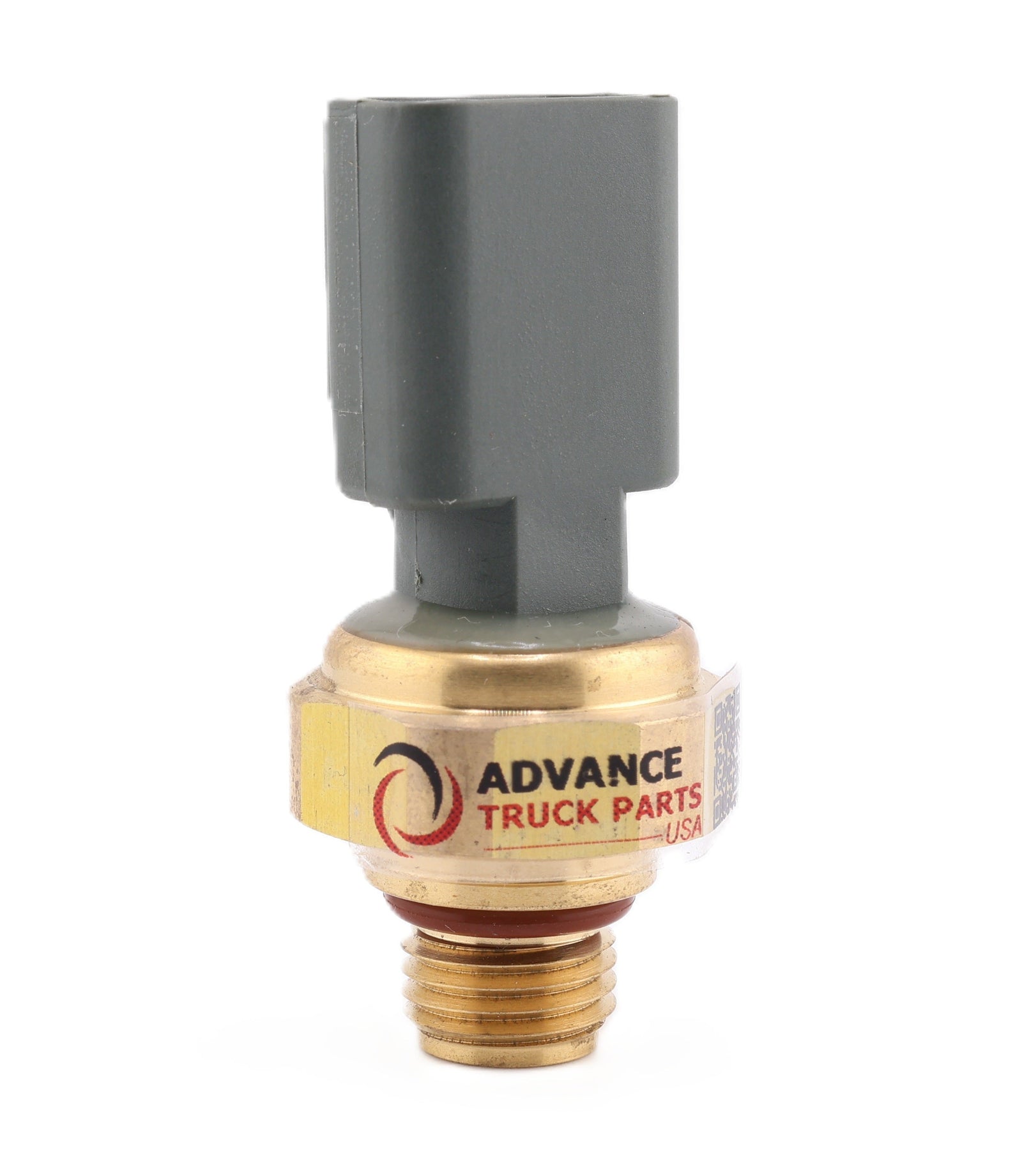 Advance Truck Parts USA 4928594 engine gas pressure sensor showing an upright front perspective with a grey 3-pin connector, brass threaded base, and red o-ring on a plain background