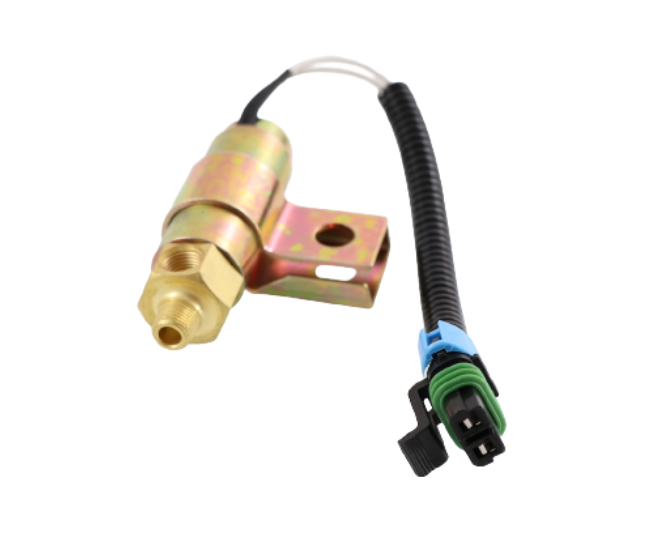 Advance Truck Parts USA 5020-1 12V normally open air solenoid valve showing an angled profile of the brass ported body, zinc-plated mounting bracket, and wiring harness with a black electrical connector
