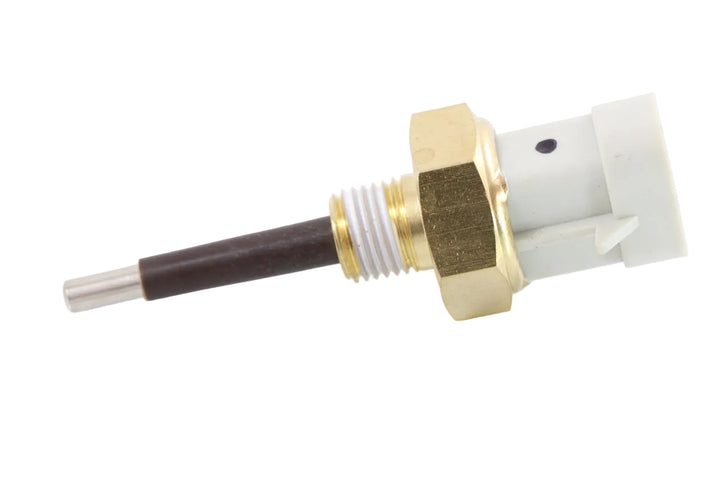 Advance Truck Parts USA 5022-02200-01 radiator low coolant level probe showing a horizontal profile of the brown sensing probe, brass hex nut with white thread sealant, and grey plastic electrical connector on a plain white background